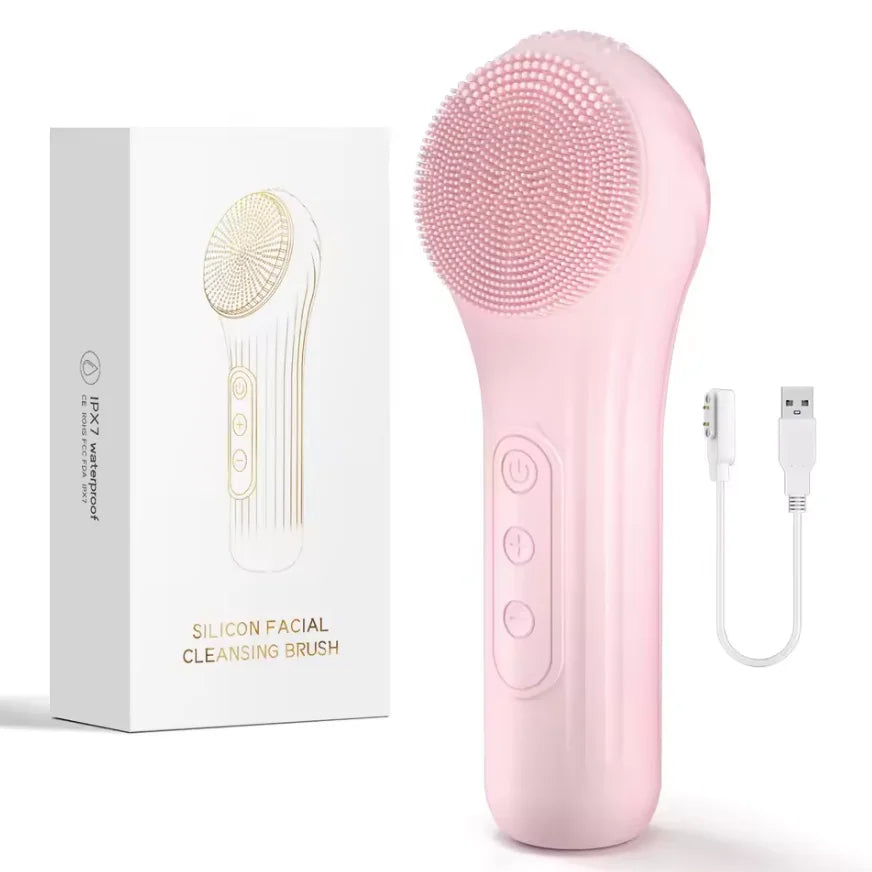 Silicone Face Scrubber Electric Facial Cleansing Brush with Heating Vibration Waterproof Face Wash Brush with 5 Speed Adjustable